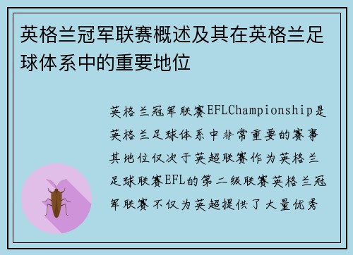 英格兰冠军联赛概述及其在英格兰足球体系中的重要地位