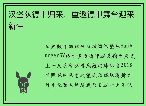 汉堡队德甲归来，重返德甲舞台迎来新生
